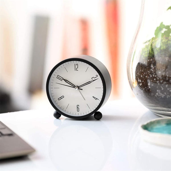 BLAGO Alarm Clock - 4 Inch Round Silent Analog Desk/Table Clock Non-Ticking with Night LED Light- Battery Powered Simple Design for Home Office Students Kids Bedroom Clock