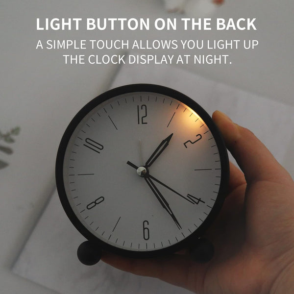 BLAGO Alarm Clock - 4 Inch Round Silent Analog Desk/Table Clock Non-Ticking with Night LED Light- Battery Powered Simple Design for Home Office Students Kids Bedroom Clock