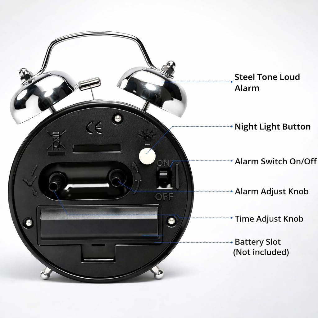 Retro Twin Bell Alarm Clock | Loud Alarm for Heavy Sleepers | Metal Body Analog Table Clock with Night Light | Vintage Desk Clock for Bedroom, Office & Study