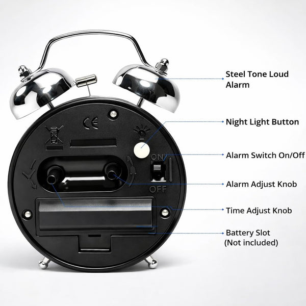 Retro Twin Bell Alarm Clock | Loud Alarm for Heavy Sleepers | Metal Body Analog Table Clock with Night Light | Vintage Desk Clock for Bedroom, Office & Study