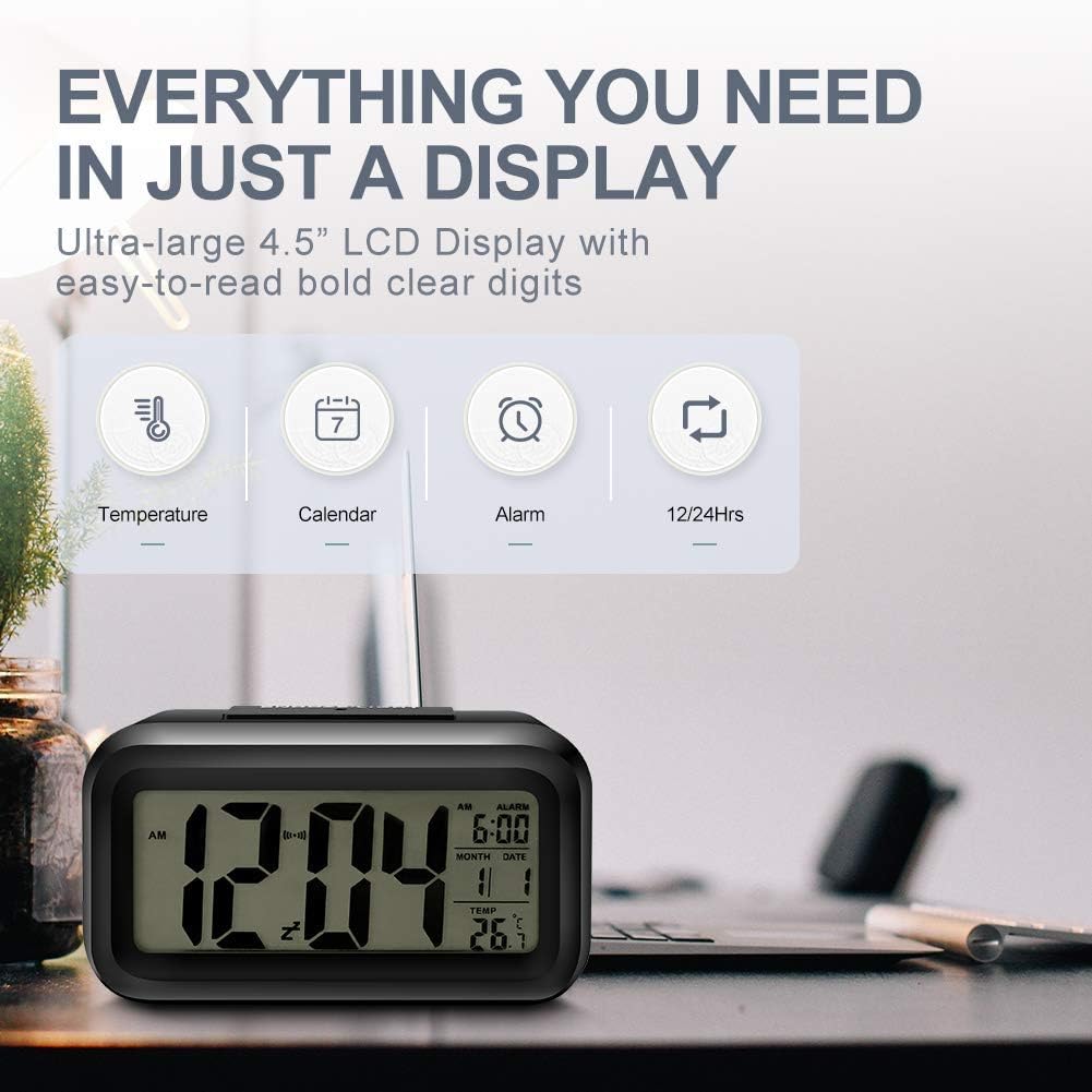 AERYS Digital Alarm Clock with Automatic Sensor, Date and Temperature Display, Compact Desk Table Clock for Students, Home, Office, Bedroom, Living Room,Home Decor, Corporate Use (Black Digital)