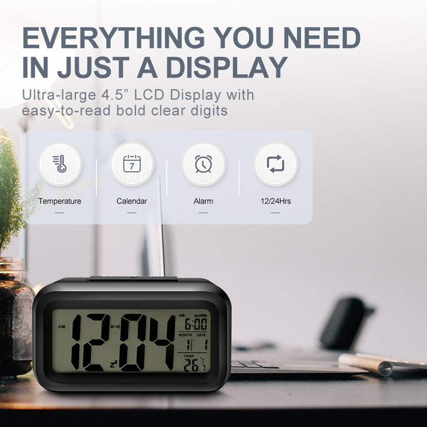 AERYS Digital Alarm Clock with Automatic Sensor, Date and Temperature Display, Compact Desk Table Clock for Students, Home, Office, Bedroom, Living Room,Home Decor, Corporate Use (Black Digital)