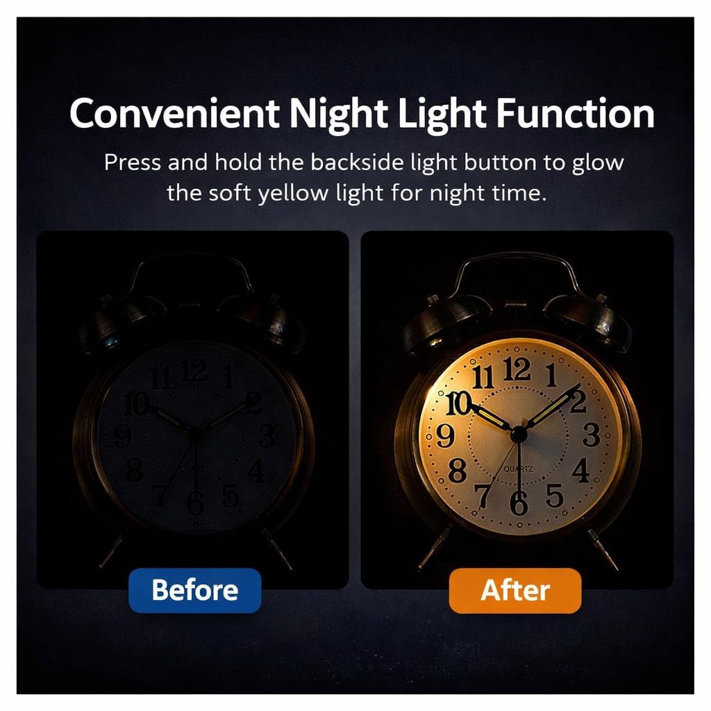 Retro Twin Bell Alarm Clock | Loud Alarm for Heavy Sleepers | Metal Body Analog Table Clock with Night Light | Vintage Desk Clock for Bedroom, Office & Study