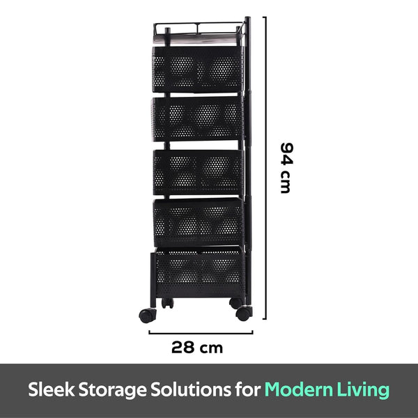 Kuber Industries Storage Rack | 5-Layer Revolving Vegetable Kitchen Rack | Square Multipurpose Storage Trolley with Wheels | Metal Fruit Storage Rack | Kitchen Cabinet Spice Rack | Black