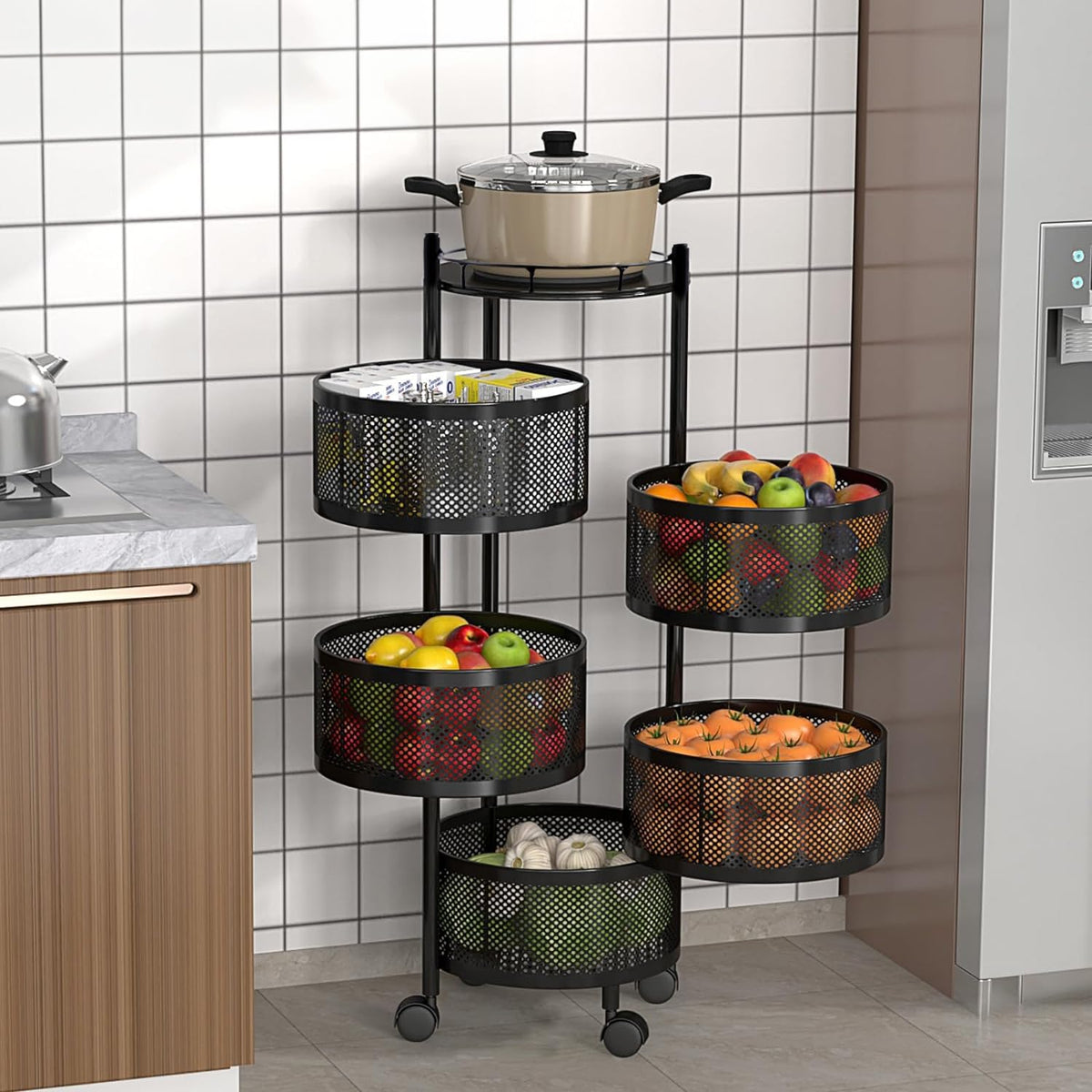 Kuber Industries Storage Rack | 3-Layer Square Multipurpose Storage Trolley with Wheels | Revolving Vegetable Kitchen Rack | Kitchen Cabinet Spice Rack | Metal Fruit Storage Rack | Black