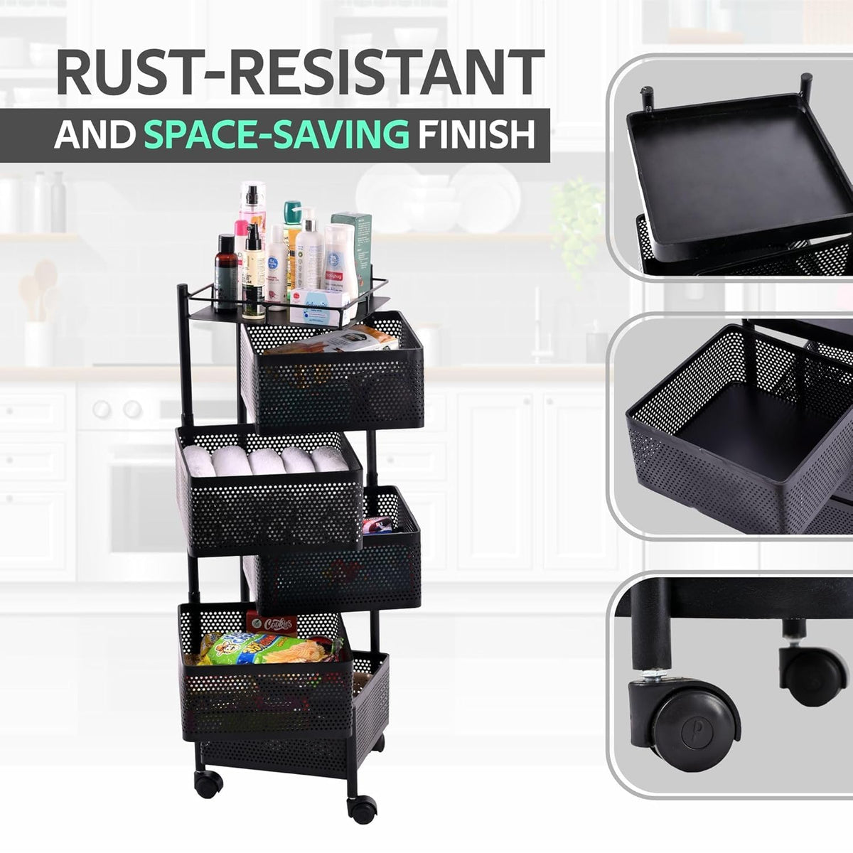 Kuber Industries Storage Rack | 5-Layer Revolving Vegetable Kitchen Rack | Square Multipurpose Storage Trolley with Wheels | Metal Fruit Storage Rack | Kitchen Cabinet Spice Rack | Black