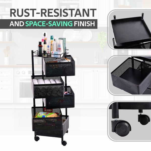 Kuber Industries Storage Rack | 5-Layer Revolving Vegetable Kitchen Rack | Square Multipurpose Storage Trolley with Wheels | Metal Fruit Storage Rack | Kitchen Cabinet Spice Rack | Black