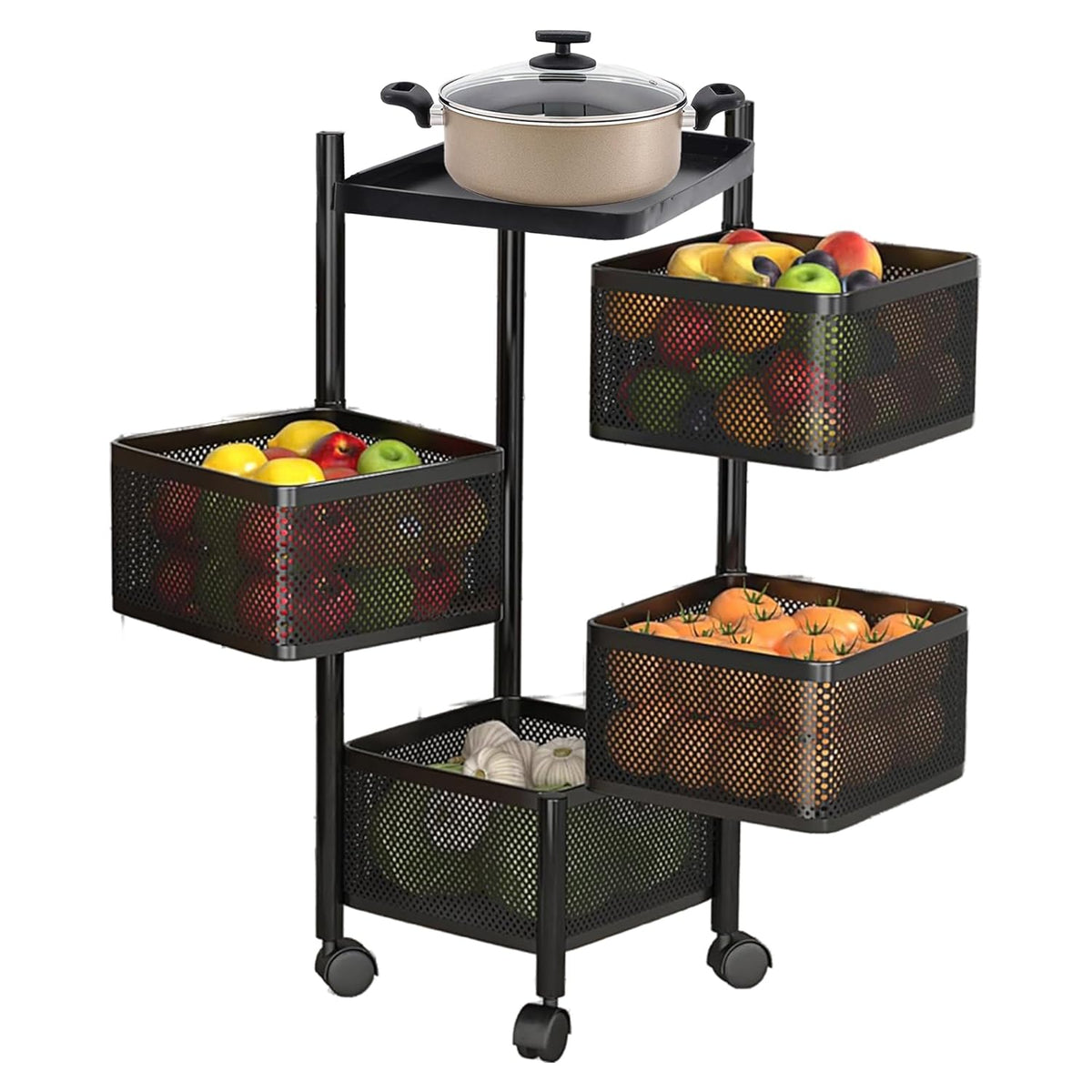 Kuber Industries Storage Rack | 4-Layer Square Multipurpose Storage Trolley with Wheels | Revolving Vegetable Kitchen Rack | Kitchen Cabinet Spice Rack | Metal Fruit Storage Rack | Black