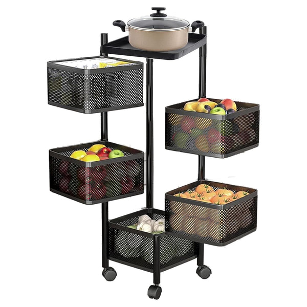 Kuber Industries Storage Rack | 5-Layer Revolving Vegetable Kitchen Rack | Square Multipurpose Storage Trolley with Wheels | Metal Fruit Storage Rack | Kitchen Cabinet Spice Rack | Black