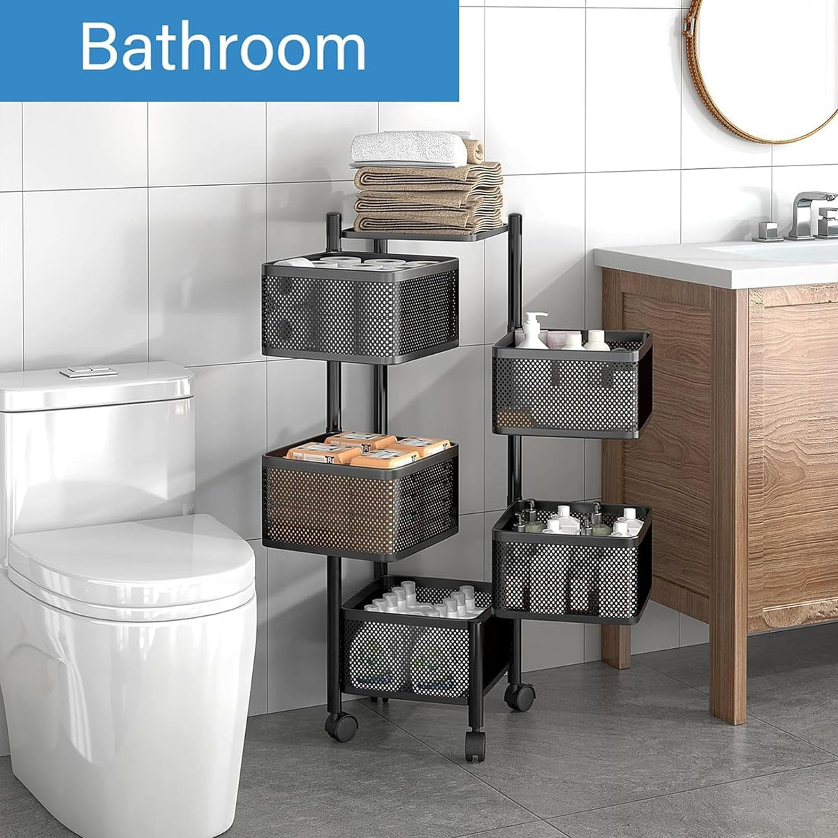 Kuber Industries Storage Rack | 5-Layer Revolving Vegetable Kitchen Rack | Square Multipurpose Storage Trolley with Wheels | Metal Fruit Storage Rack | Kitchen Cabinet Spice Rack | Black