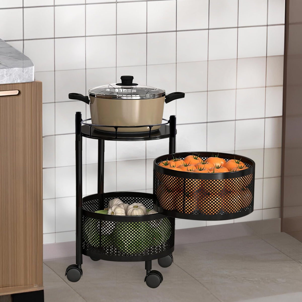 Kuber Industries Storage Rack | 4-Layer Square Multipurpose Storage Trolley with Wheels | Revolving Vegetable Kitchen Rack | Kitchen Cabinet Spice Rack | Metal Fruit Storage Rack | Black