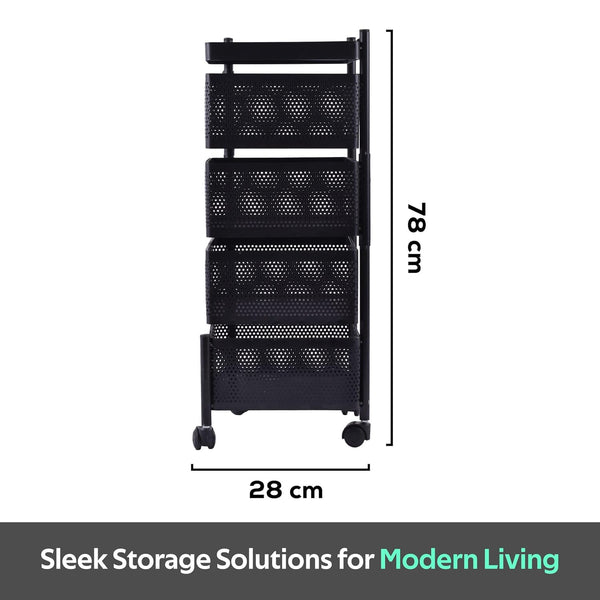 Kuber Industries Storage Rack | 4-Layer Square Multipurpose Storage Trolley with Wheels | Revolving Vegetable Kitchen Rack | Kitchen Cabinet Spice Rack | Metal Fruit Storage Rack | Black