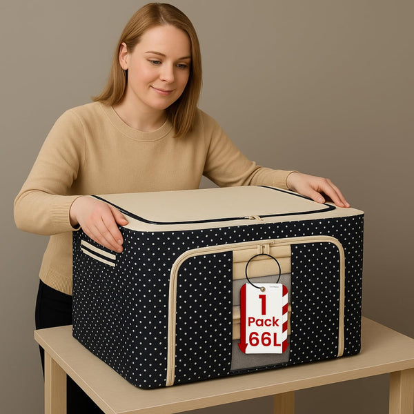 JD FRESH 1 Pcs 66 Liters Foldable Steel Frame Cloth Organizer for Storage/Wardrobe Organizer for Storage/almirah organiser for Sarees/Shirts/Blankets/Closet Storage Box with Handle - (Blue)