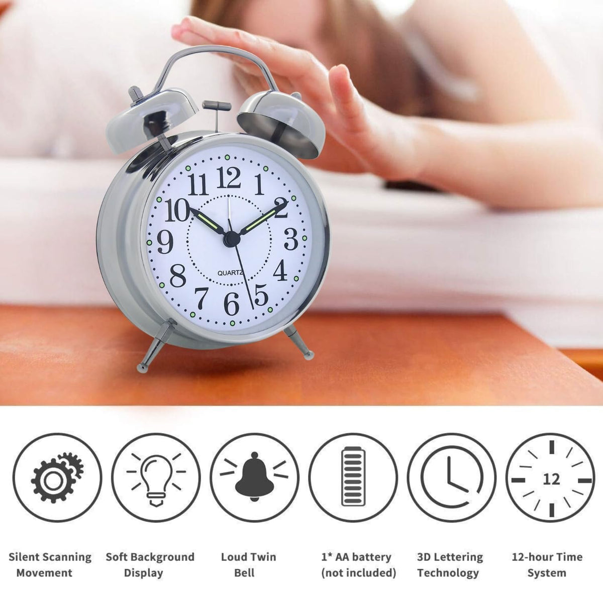 Retro Twin Bell Alarm Clock | Loud Alarm for Heavy Sleepers | Metal Body Analog Table Clock with Night Light | Vintage Desk Clock for Bedroom, Office & Study