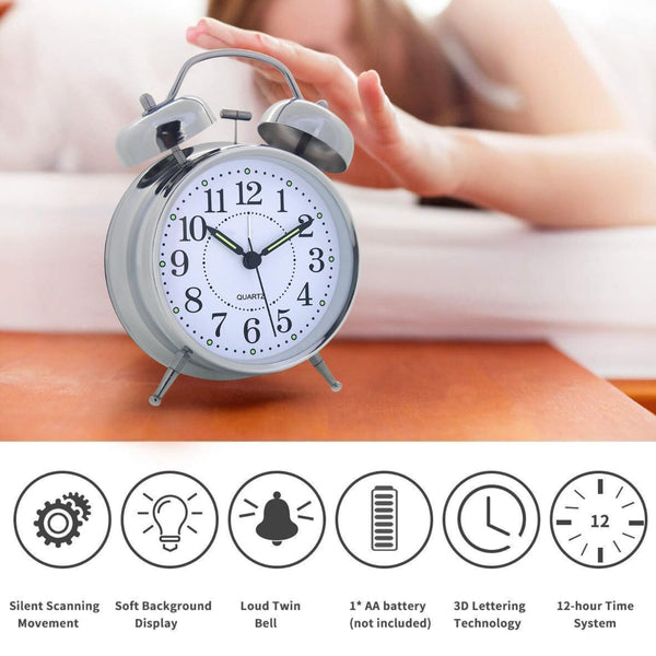 Retro Twin Bell Alarm Clock | Loud Alarm for Heavy Sleepers | Metal Body Analog Table Clock with Night Light | Vintage Desk Clock for Bedroom, Office & Study