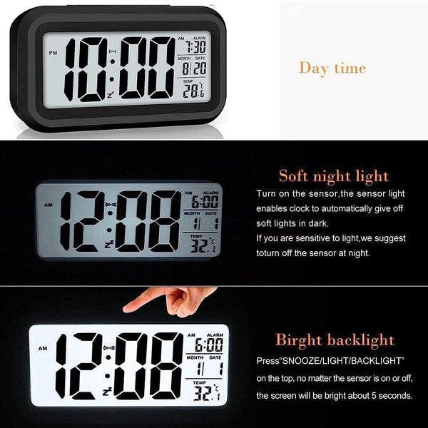 AERYS Digital Alarm Clock with Automatic Sensor, Date and Temperature Display, Compact Desk Table Clock for Students, Home, Office, Bedroom, Living Room,Home Decor, Corporate Use (Black Digital)