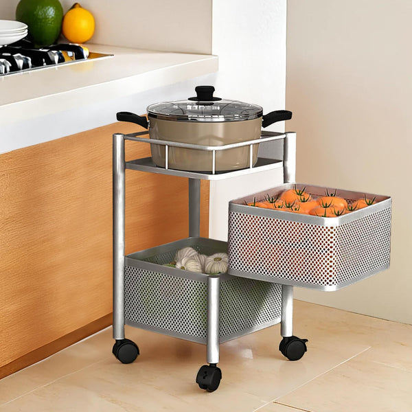 Kuber Industries Storage Rack | 5-Layer Revolving Vegetable Kitchen Rack | Square Multipurpose Storage Trolley with Wheels | Metal Fruit Storage Rack | Kitchen Cabinet Spice Rack | Black