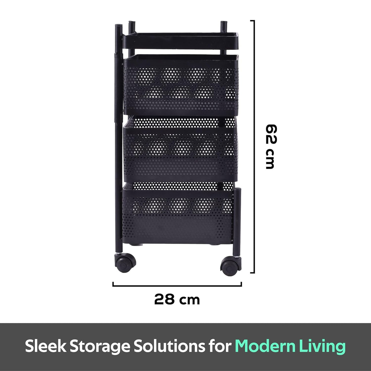 Kuber Industries Storage Rack | 3-Layer Square Multipurpose Storage Trolley with Wheels | Revolving Vegetable Kitchen Rack | Kitchen Cabinet Spice Rack | Metal Fruit Storage Rack | Black