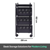 Kuber Industries Storage Rack | 3-Layer Square Multipurpose Storage Trolley with Wheels | Revolving Vegetable Kitchen Rack | Kitchen Cabinet Spice Rack | Metal Fruit Storage Rack | Black