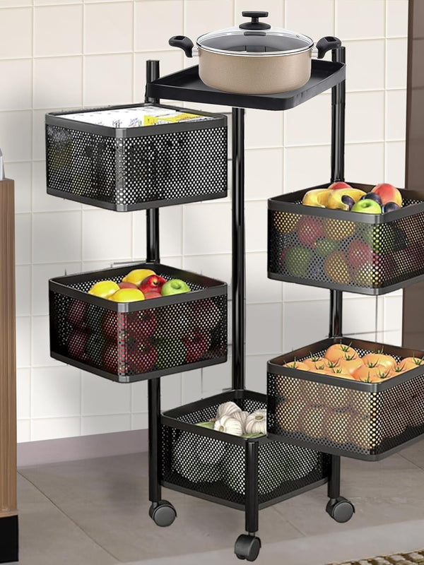 Kuber Industries Storage Rack | 3-Layer Square Multipurpose Storage Trolley with Wheels | Revolving Vegetable Kitchen Rack | Kitchen Cabinet Spice Rack | Metal Fruit Storage Rack | Black