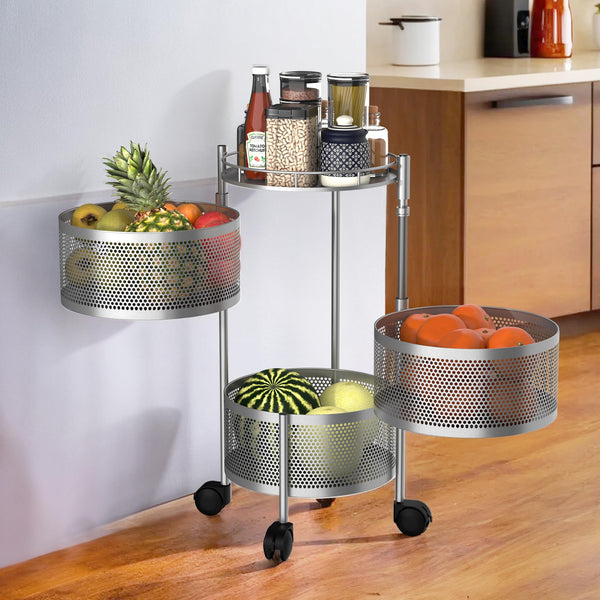 Kuber Industries Storage Rack | 3-Layer Square Multipurpose Storage Trolley with Wheels | Revolving Vegetable Kitchen Rack | Kitchen Cabinet Spice Rack | Metal Fruit Storage Rack | Black