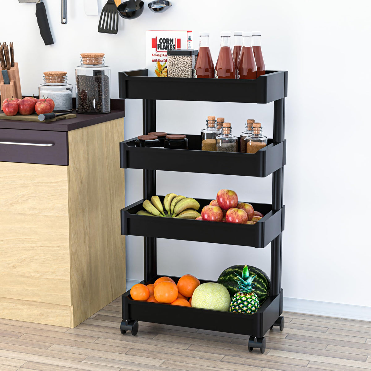 Kuber Industries Storage Rack | 5-Layer Revolving Vegetable Kitchen Rack | Square Multipurpose Storage Trolley with Wheels | Metal Fruit Storage Rack | Kitchen Cabinet Spice Rack | Black