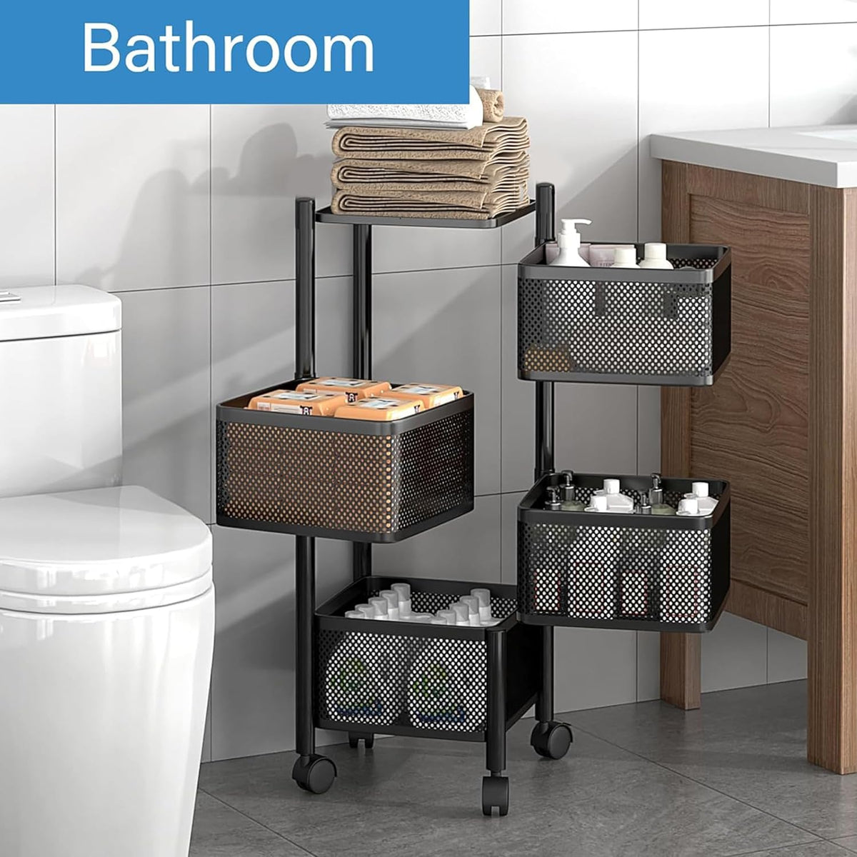 Kuber Industries Storage Rack | 4-Layer Square Multipurpose Storage Trolley with Wheels | Revolving Vegetable Kitchen Rack | Kitchen Cabinet Spice Rack | Metal Fruit Storage Rack | Black