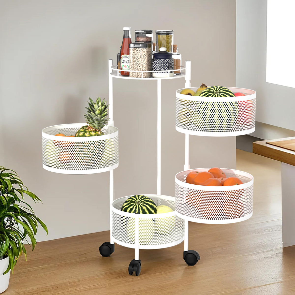 Kuber Industries Storage Rack | 3-Layer Square Multipurpose Storage Trolley with Wheels | Revolving Vegetable Kitchen Rack | Kitchen Cabinet Spice Rack | Metal Fruit Storage Rack | Black