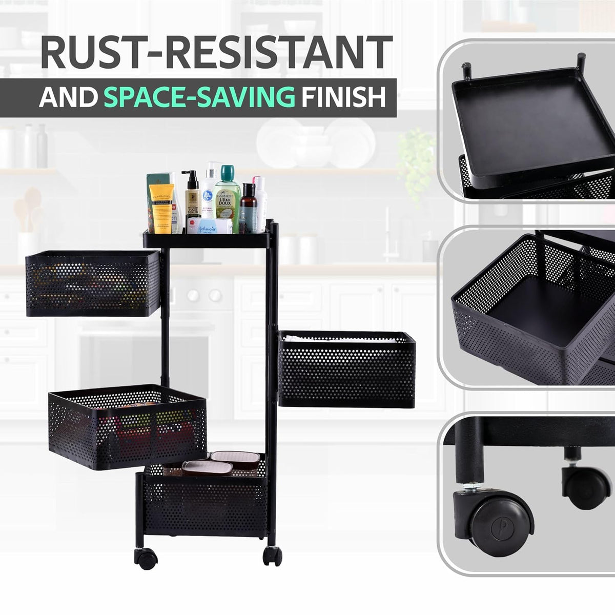 Kuber Industries Storage Rack | 4-Layer Square Multipurpose Storage Trolley with Wheels | Revolving Vegetable Kitchen Rack | Kitchen Cabinet Spice Rack | Metal Fruit Storage Rack | Black