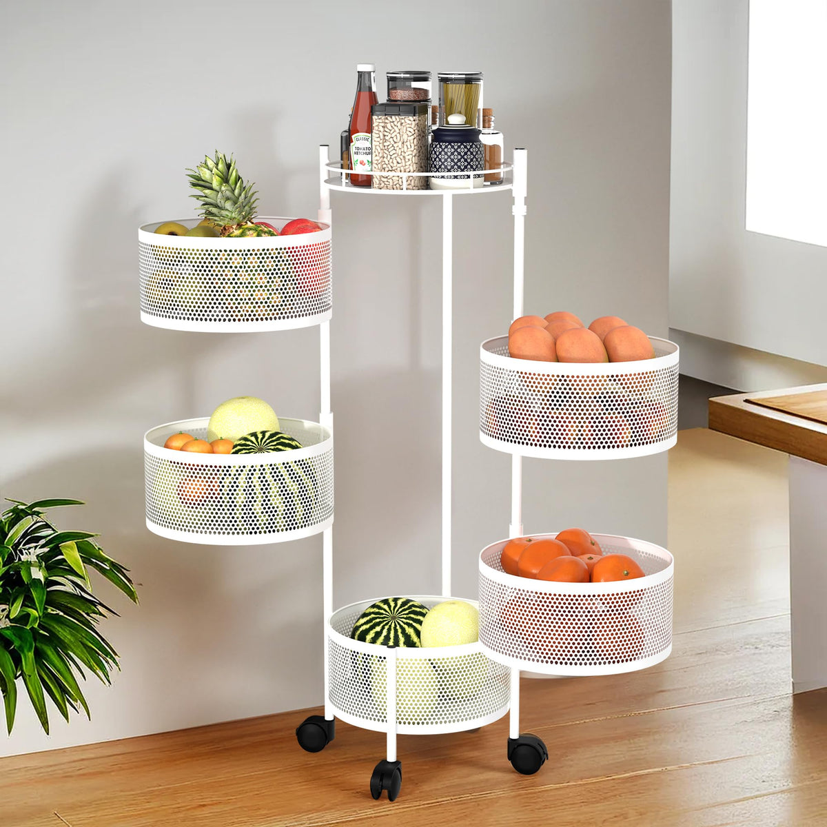 Kuber Industries Storage Rack | 5-Layer Revolving Vegetable Kitchen Rack | Square Multipurpose Storage Trolley with Wheels | Metal Fruit Storage Rack | Kitchen Cabinet Spice Rack | Black