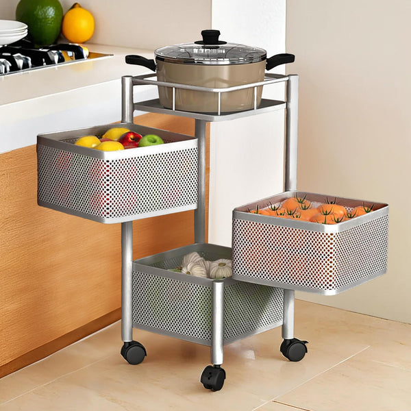 Kuber Industries Storage Rack | 4-Layer Square Multipurpose Storage Trolley with Wheels | Revolving Vegetable Kitchen Rack | Kitchen Cabinet Spice Rack | Metal Fruit Storage Rack | Black