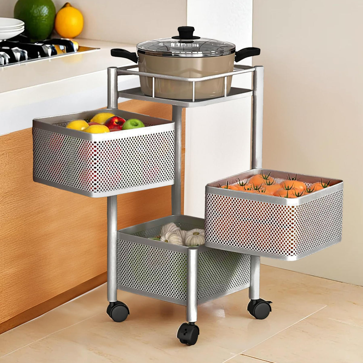 Kuber Industries Storage Rack | 5-Layer Revolving Vegetable Kitchen Rack | Square Multipurpose Storage Trolley with Wheels | Metal Fruit Storage Rack | Kitchen Cabinet Spice Rack | Black