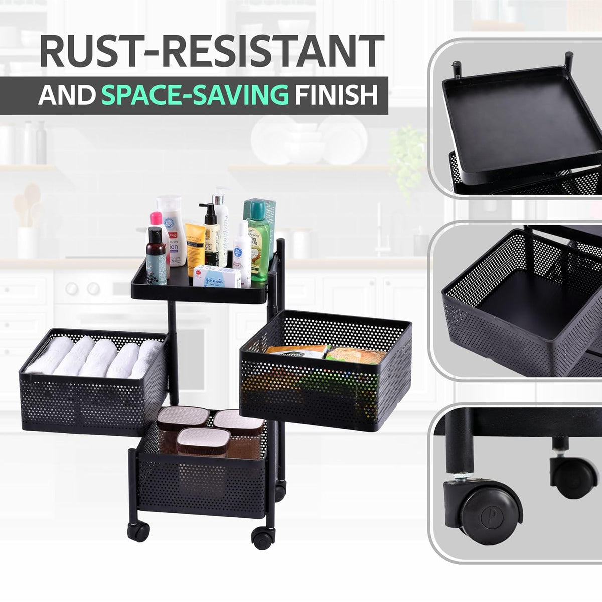 Kuber Industries Storage Rack | 3-Layer Square Multipurpose Storage Trolley with Wheels | Revolving Vegetable Kitchen Rack | Kitchen Cabinet Spice Rack | Metal Fruit Storage Rack | Black