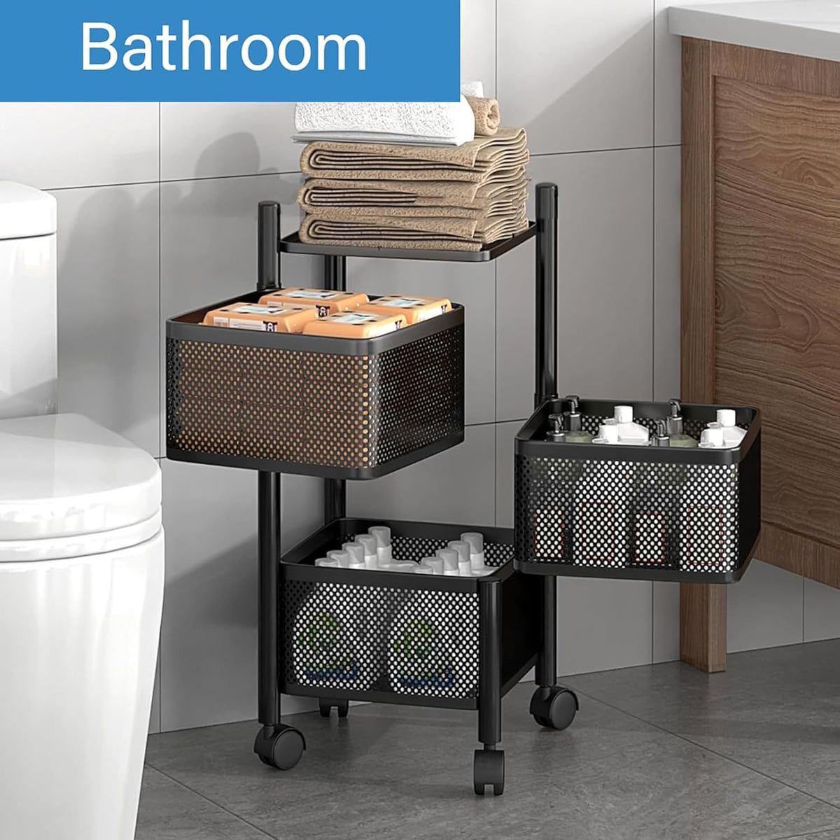 Kuber Industries Storage Rack | 3-Layer Square Multipurpose Storage Trolley with Wheels | Revolving Vegetable Kitchen Rack | Kitchen Cabinet Spice Rack | Metal Fruit Storage Rack | Black