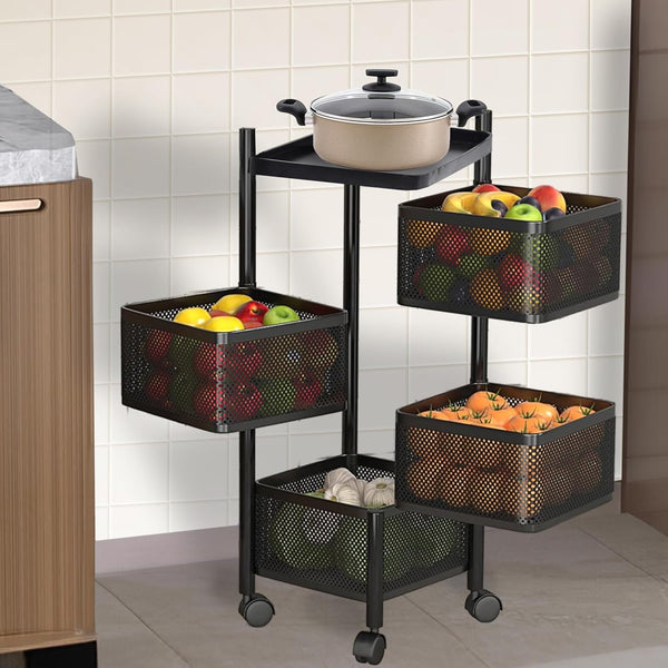 Kuber Industries Storage Rack | 4-Layer Square Multipurpose Storage Trolley with Wheels | Revolving Vegetable Kitchen Rack | Kitchen Cabinet Spice Rack | Metal Fruit Storage Rack | Black