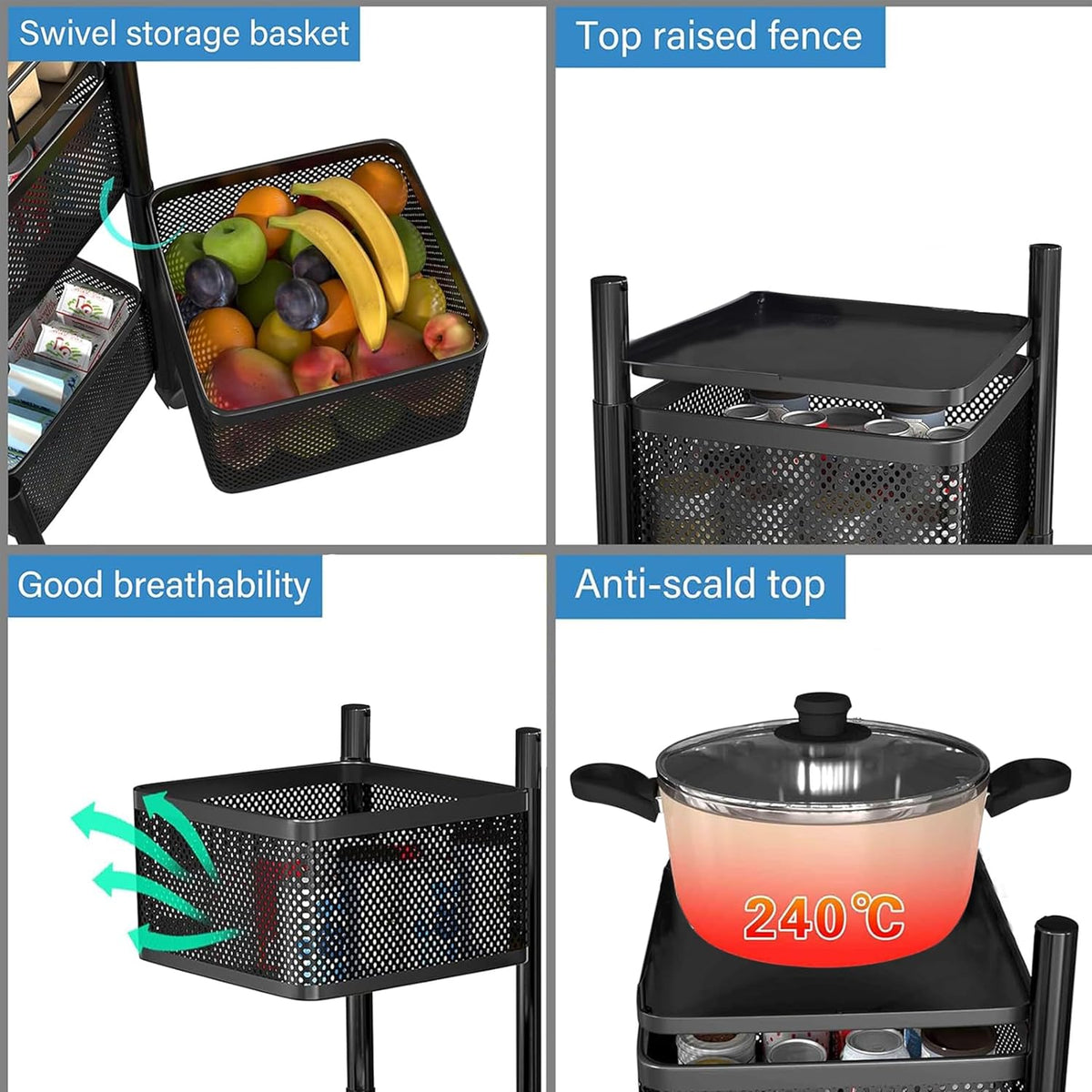 Kuber Industries Storage Rack | 3-Layer Square Multipurpose Storage Trolley with Wheels | Revolving Vegetable Kitchen Rack | Kitchen Cabinet Spice Rack | Metal Fruit Storage Rack | Black