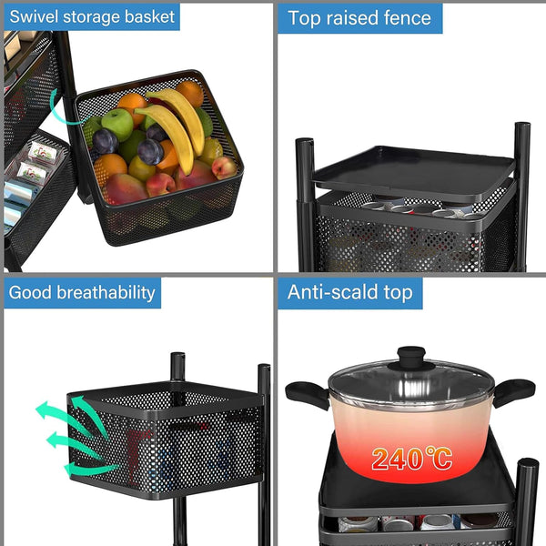 Kuber Industries Storage Rack | 4-Layer Square Multipurpose Storage Trolley with Wheels | Revolving Vegetable Kitchen Rack | Kitchen Cabinet Spice Rack | Metal Fruit Storage Rack | Black