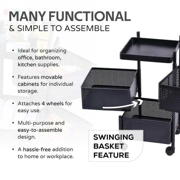 Kuber Industries Storage Rack | 3-Layer Square Multipurpose Storage Trolley with Wheels | Revolving Vegetable Kitchen Rack | Kitchen Cabinet Spice Rack | Metal Fruit Storage Rack | Black