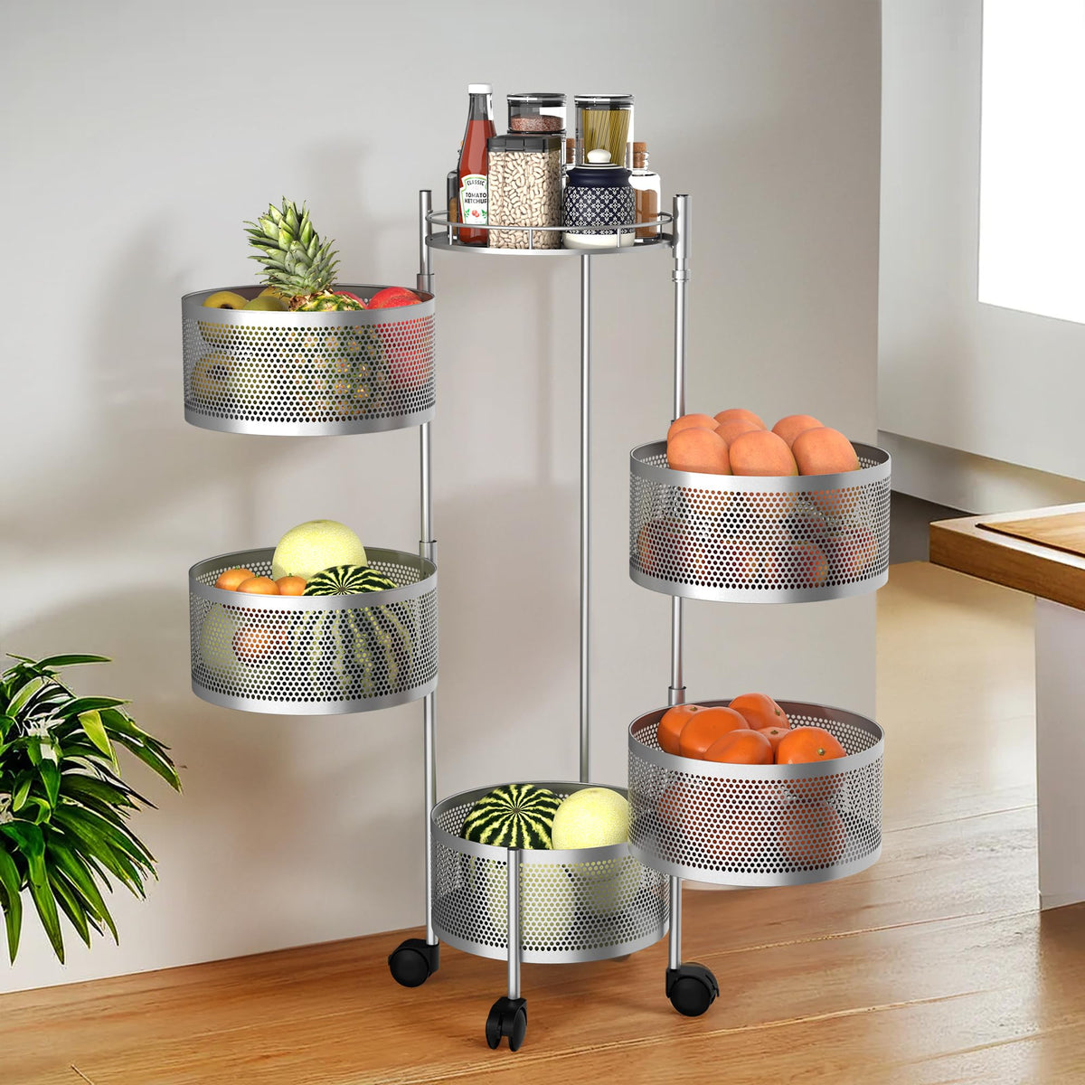 Kuber Industries Storage Rack | 3-Layer Square Multipurpose Storage Trolley with Wheels | Revolving Vegetable Kitchen Rack | Kitchen Cabinet Spice Rack | Metal Fruit Storage Rack | Black