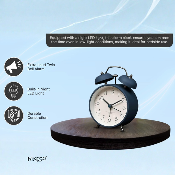 Classic Twin Bell Alarm Table Clock - Matte Blue
