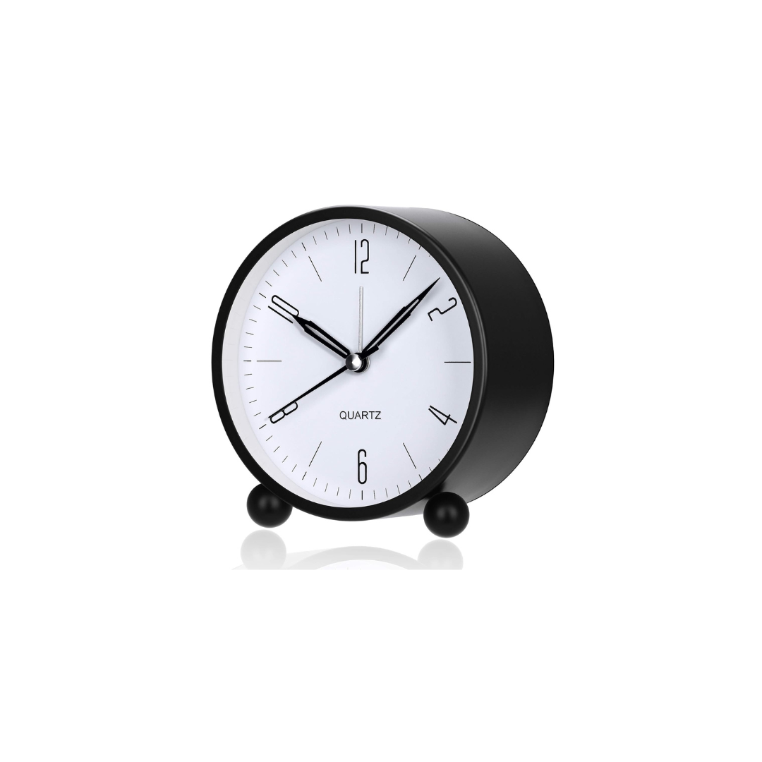 Alarm Clock - 4 Inch Round Silent Analog Desk/Table Clock Non-Ticking