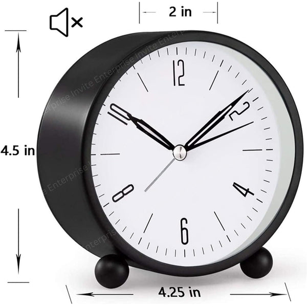 Alarm Clock - 4 Inch Round Silent Analog Desk/Table Clock Non-Ticking
